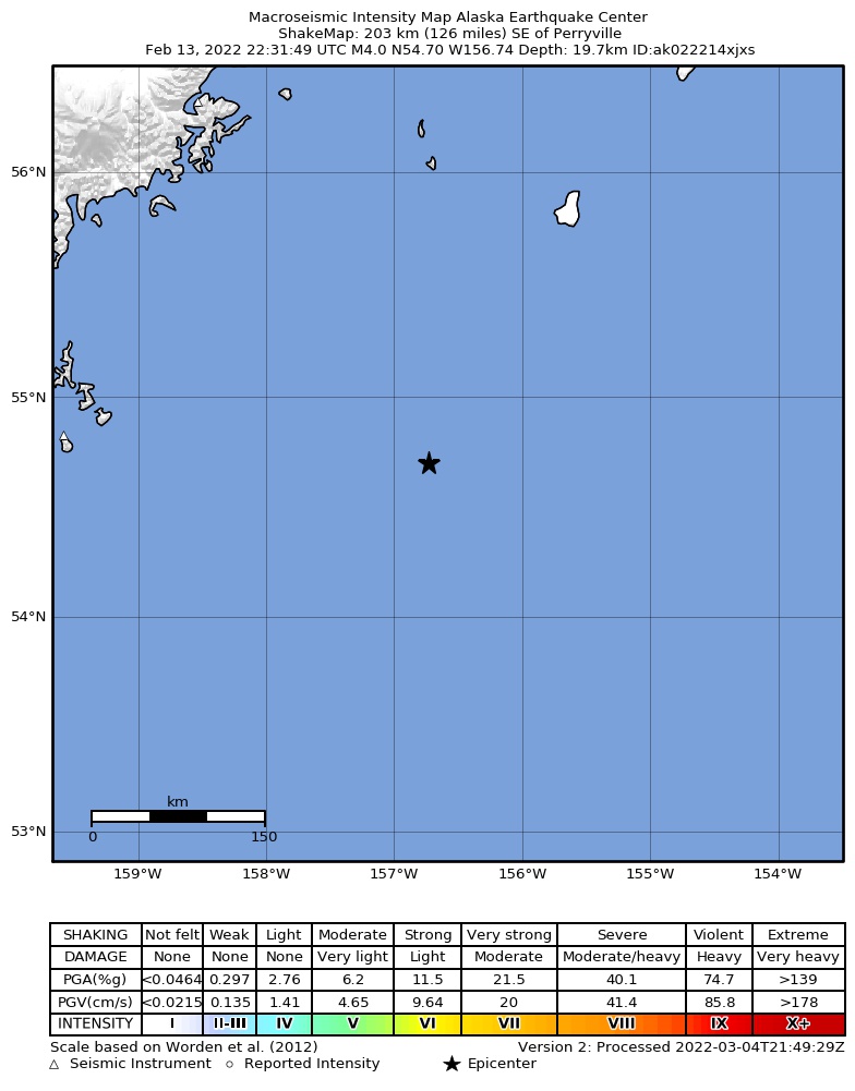 USGS ShakeMap intensity contours for the M4.0 earthquake near 203 km SE of Perryville, Alaska