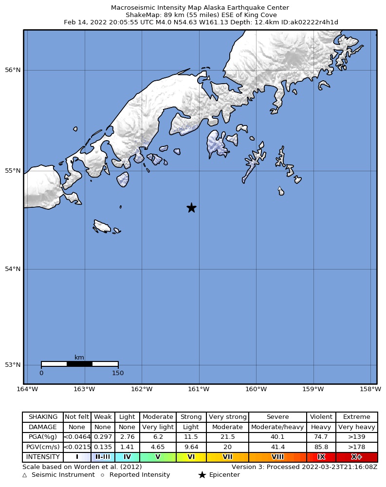 USGS ShakeMap intensity contours for the M3.9 earthquake near 91 km SE of King Cove, Alaska