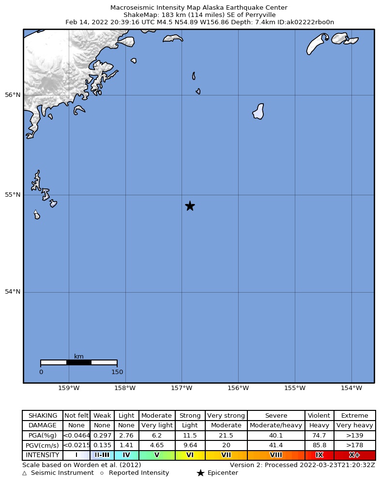 USGS ShakeMap intensity contours for the M3.9 earthquake near 184 km SE of Perryville, Alaska