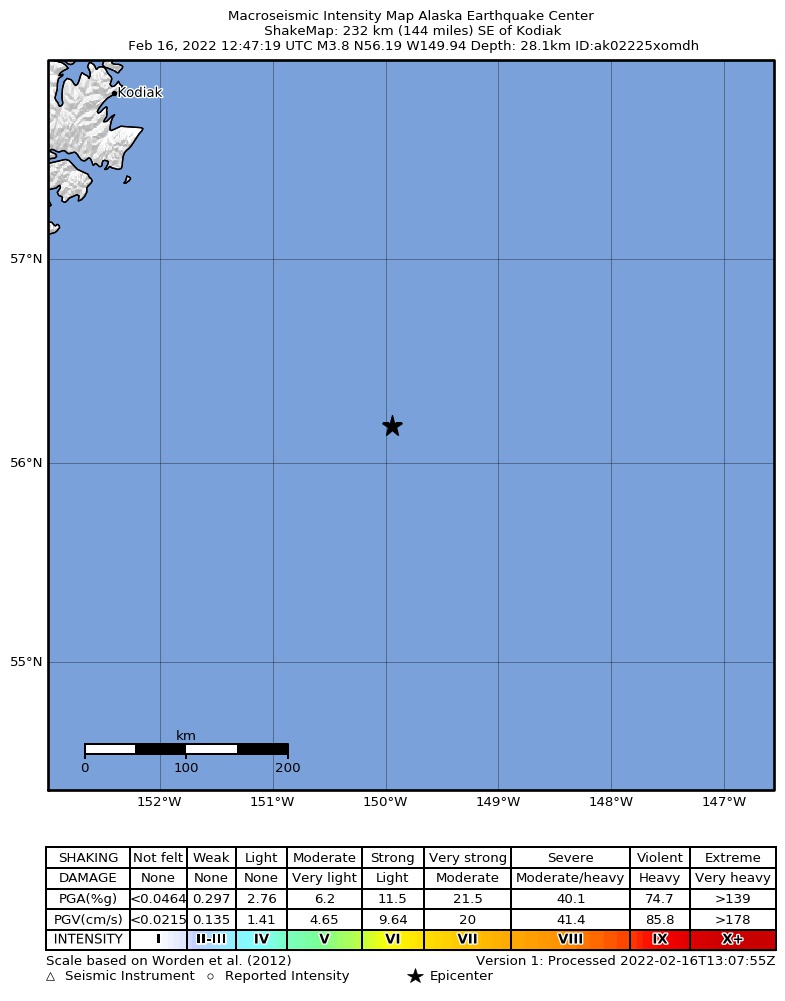 USGS ShakeMap: estimated shaking intensity around the epicenter