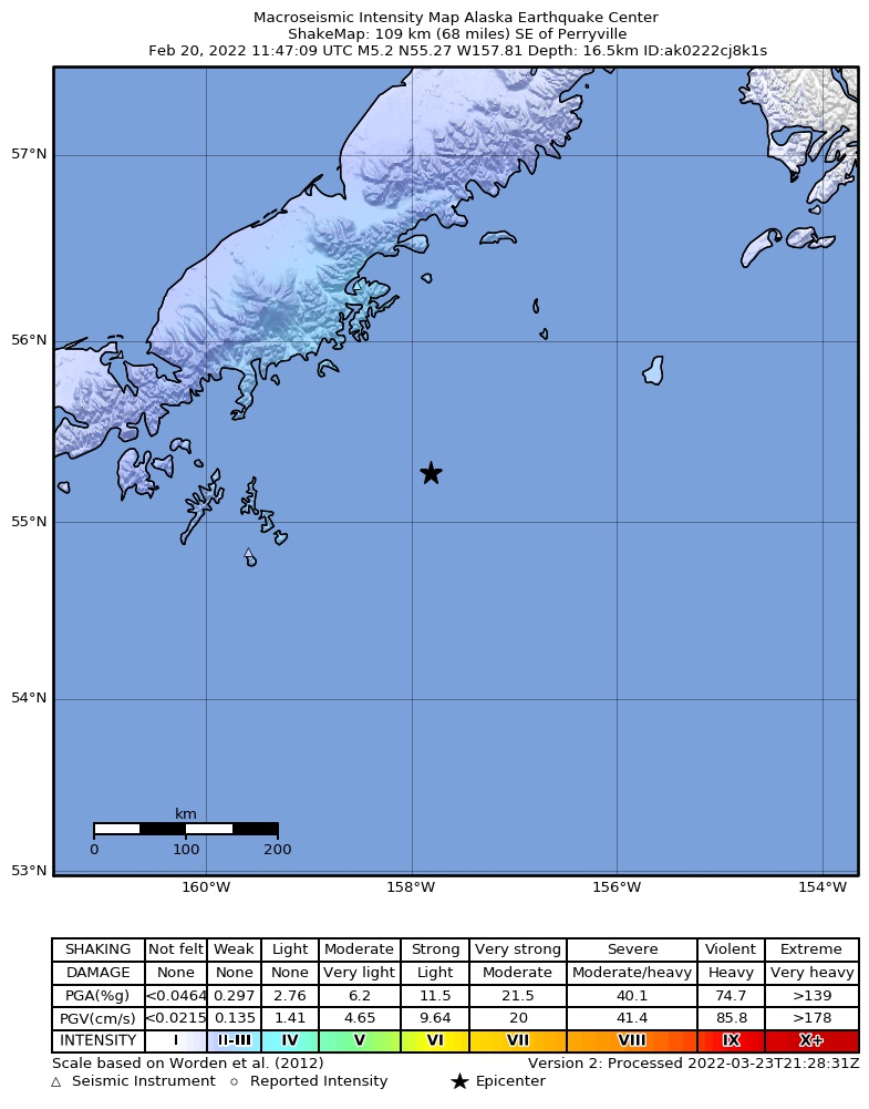 USGS ShakeMap intensity contours for the M5.3 earthquake near 110 km SE of Perryville, Alaska