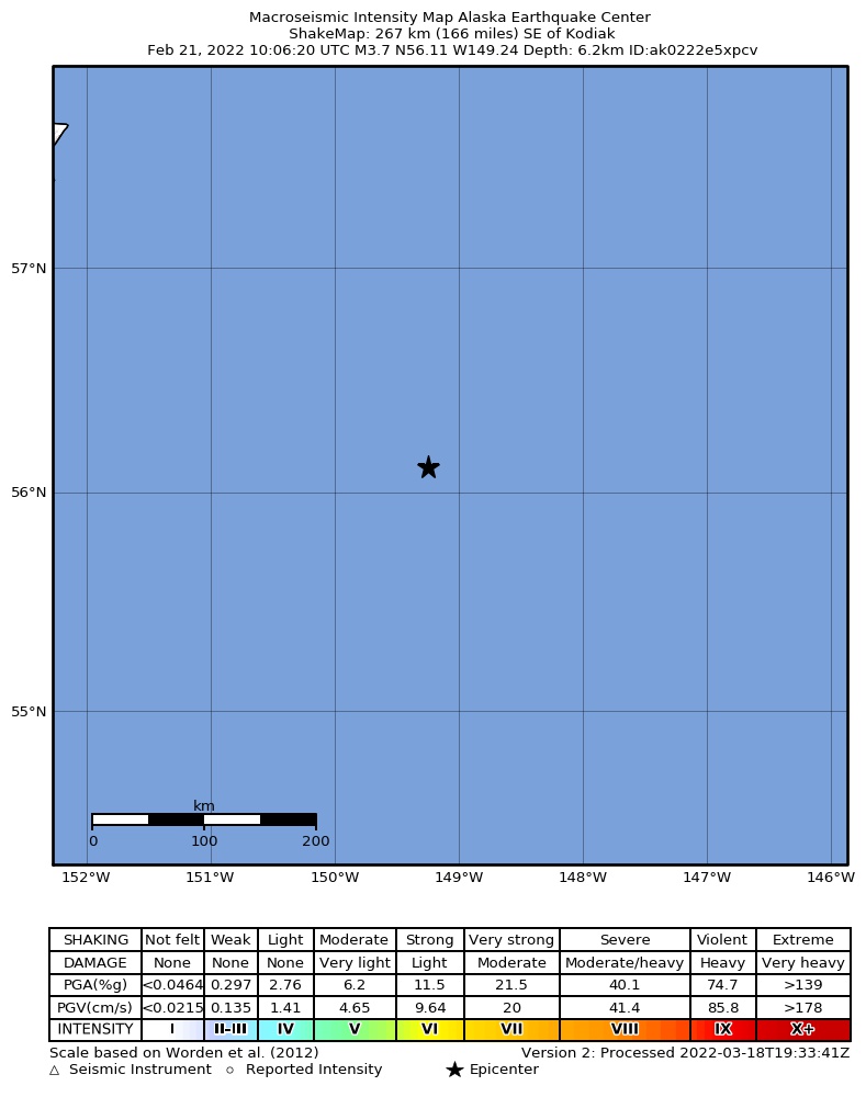 USGS ShakeMap: estimated shaking intensity around the epicenter