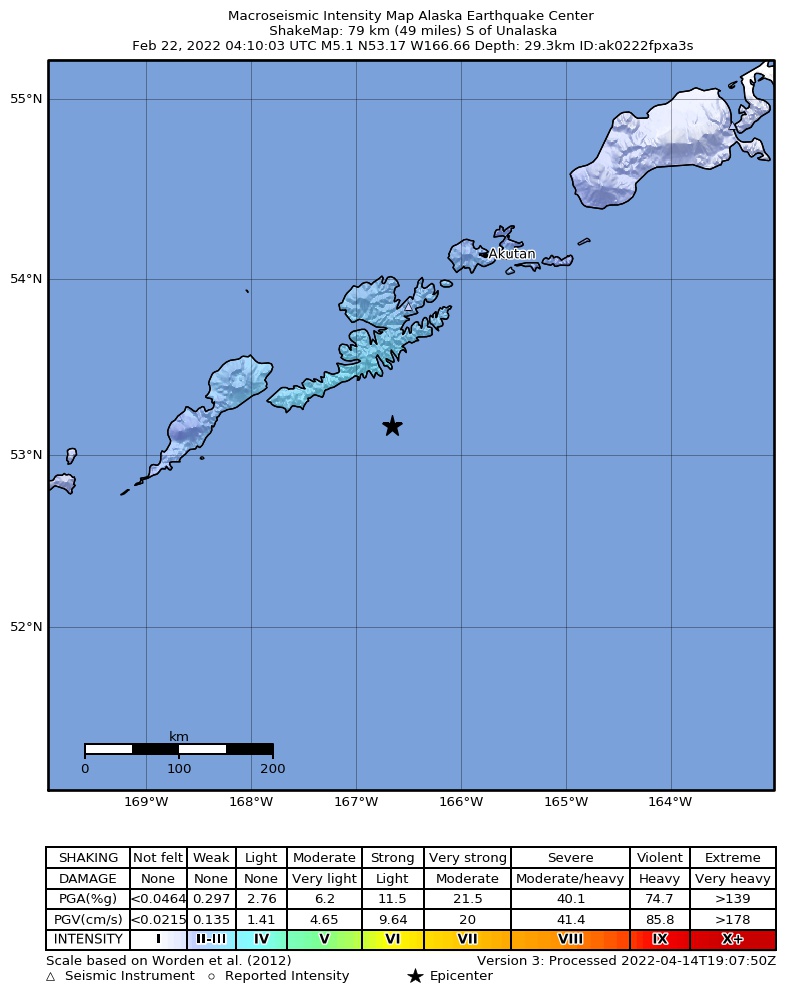 USGS ShakeMap intensity contours for the M5.1 earthquake near 70 km S of Unalaska, Alaska