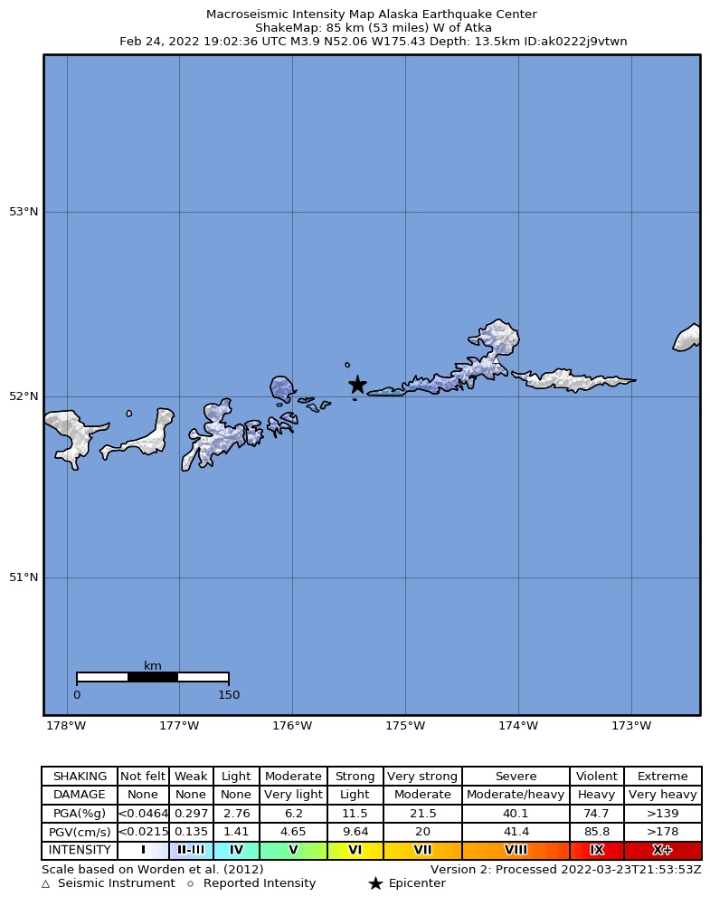 USGS ShakeMap intensity contours for the M3.9 earthquake near Andreanof Islands, Aleutian Islands, Alaska