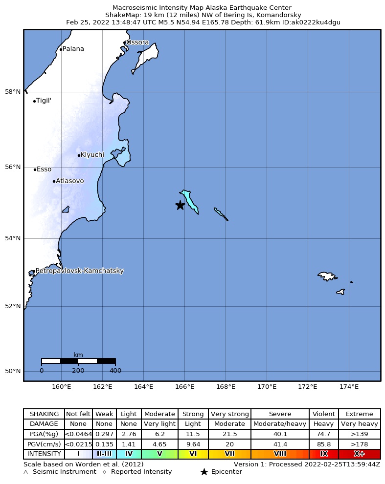 USGS ShakeMap intensity contours for the M5.3 earthquake near 255 km ESE of Ust’-Kamchatsk Staryy, Russia