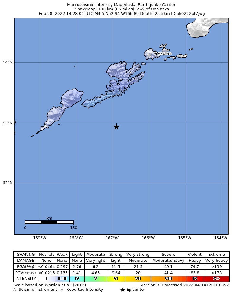 USGS ShakeMap: estimated shaking intensity around the epicenter