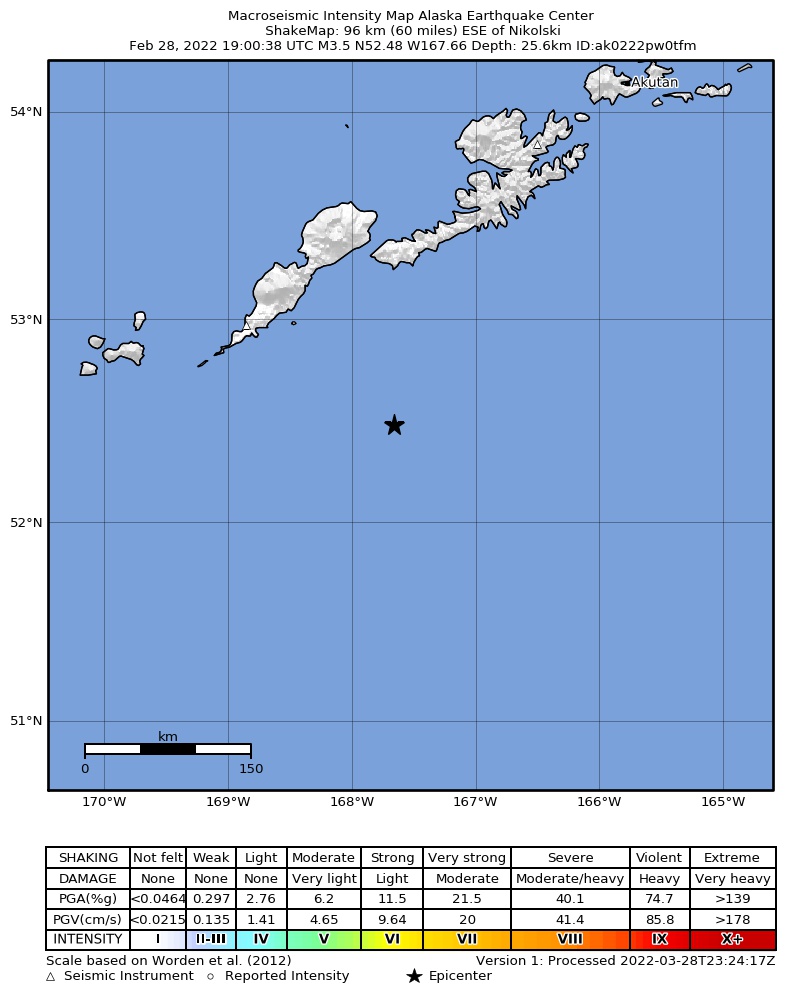 USGS ShakeMap intensity contours for the M3.0 earthquake near 108 km SE of Nikolski, Alaska
