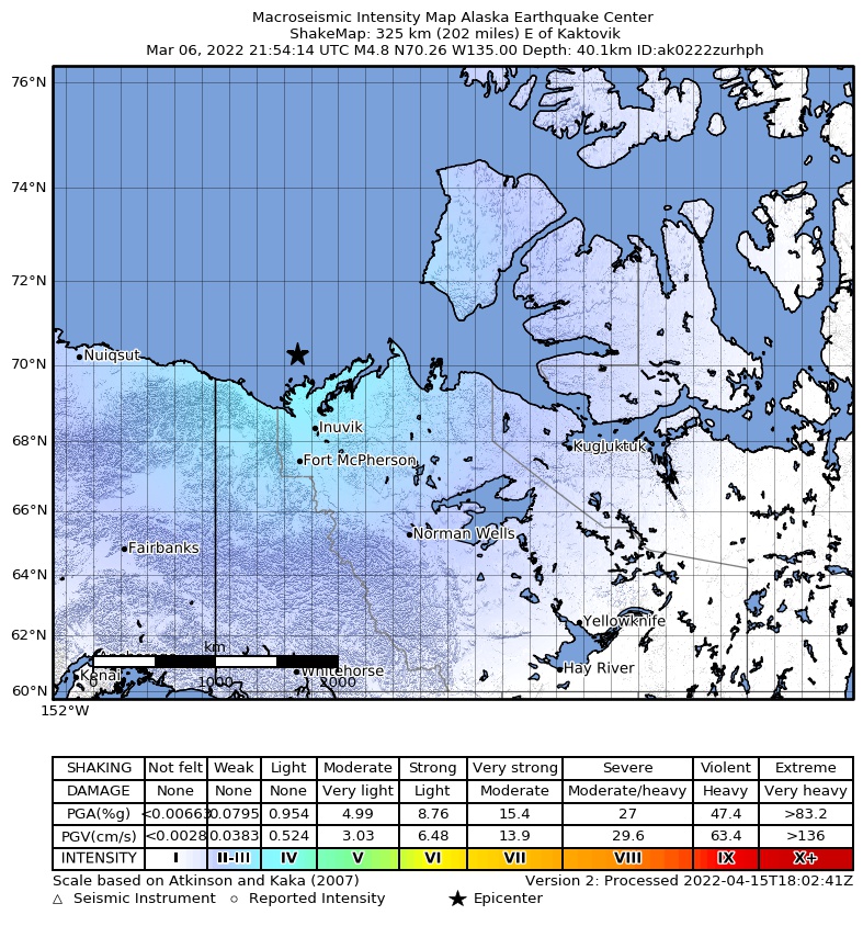 USGS ShakeMap intensity contours for the M4.8 earthquake near 227 km N of Inuvik, Canada