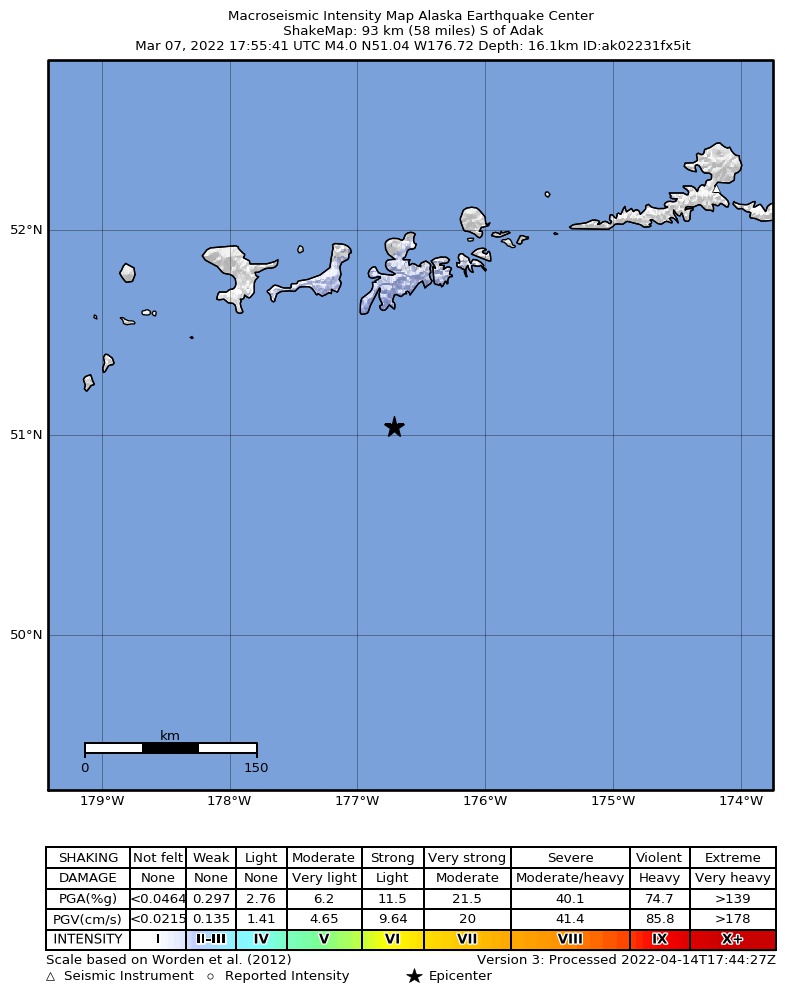 USGS ShakeMap intensity contours for the M4.0 earthquake near 108 km S of Adak, Alaska