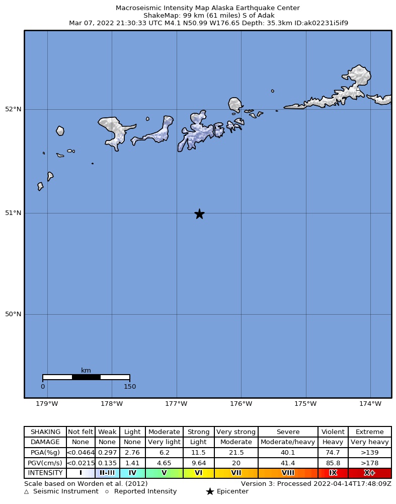 USGS ShakeMap intensity contours for the M4.1 earthquake near 93 km S of Adak, Alaska