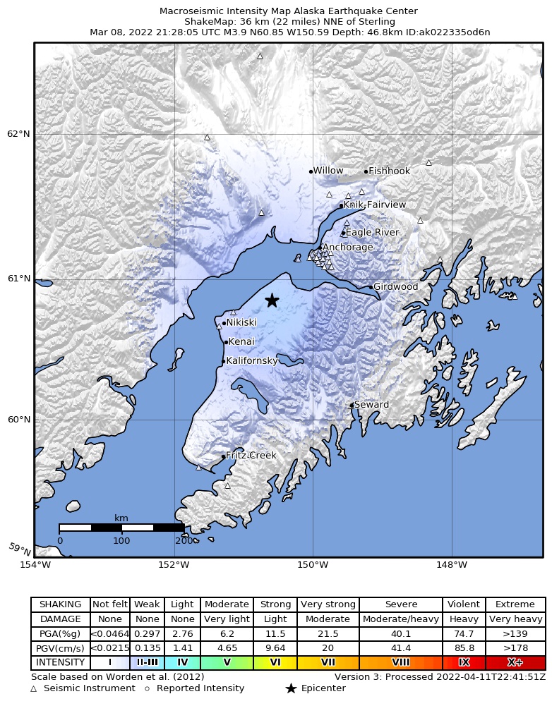 USGS ShakeMap intensity contours for the M3.6 earthquake near 9 km SSE of Point Possession, Alaska