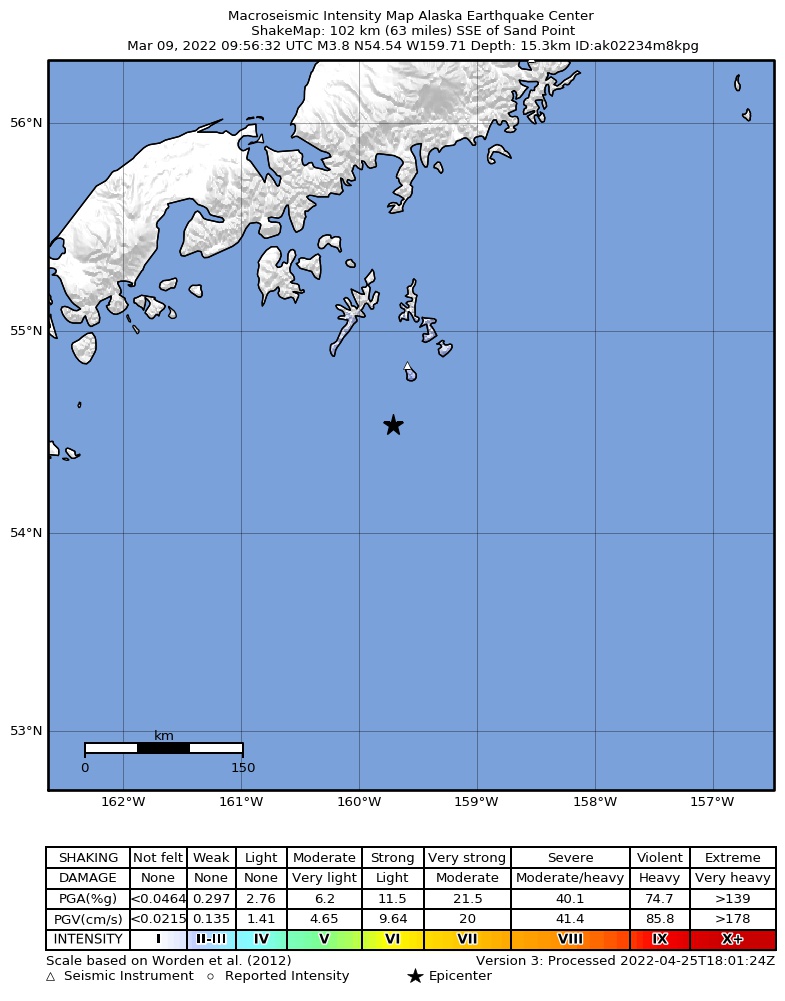 USGS ShakeMap: estimated shaking intensity around the epicenter