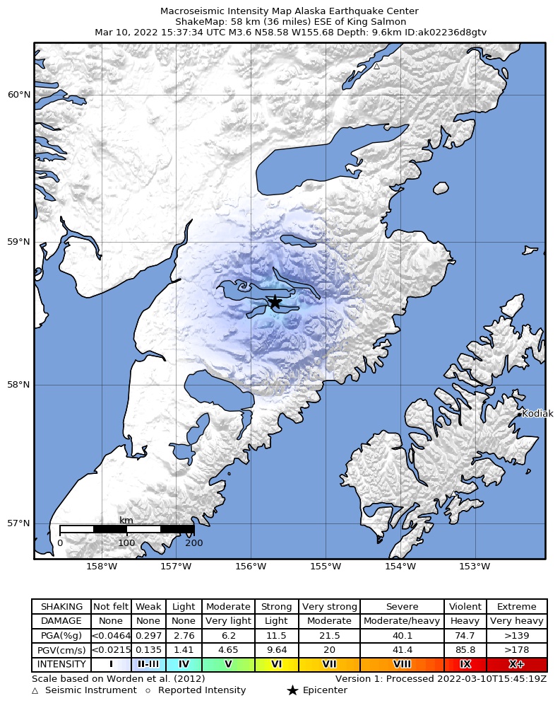 USGS ShakeMap: estimated shaking intensity around the epicenter
