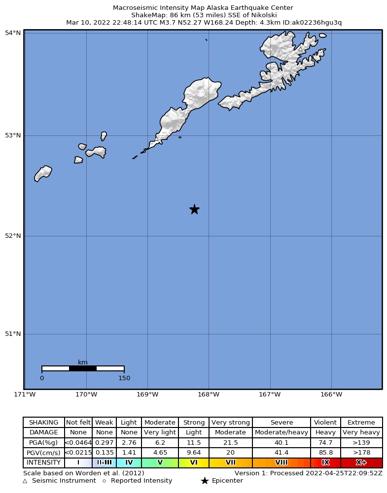 USGS ShakeMap intensity contours for the M3.6 earthquake near 82 km SSE of Nikolski, Alaska