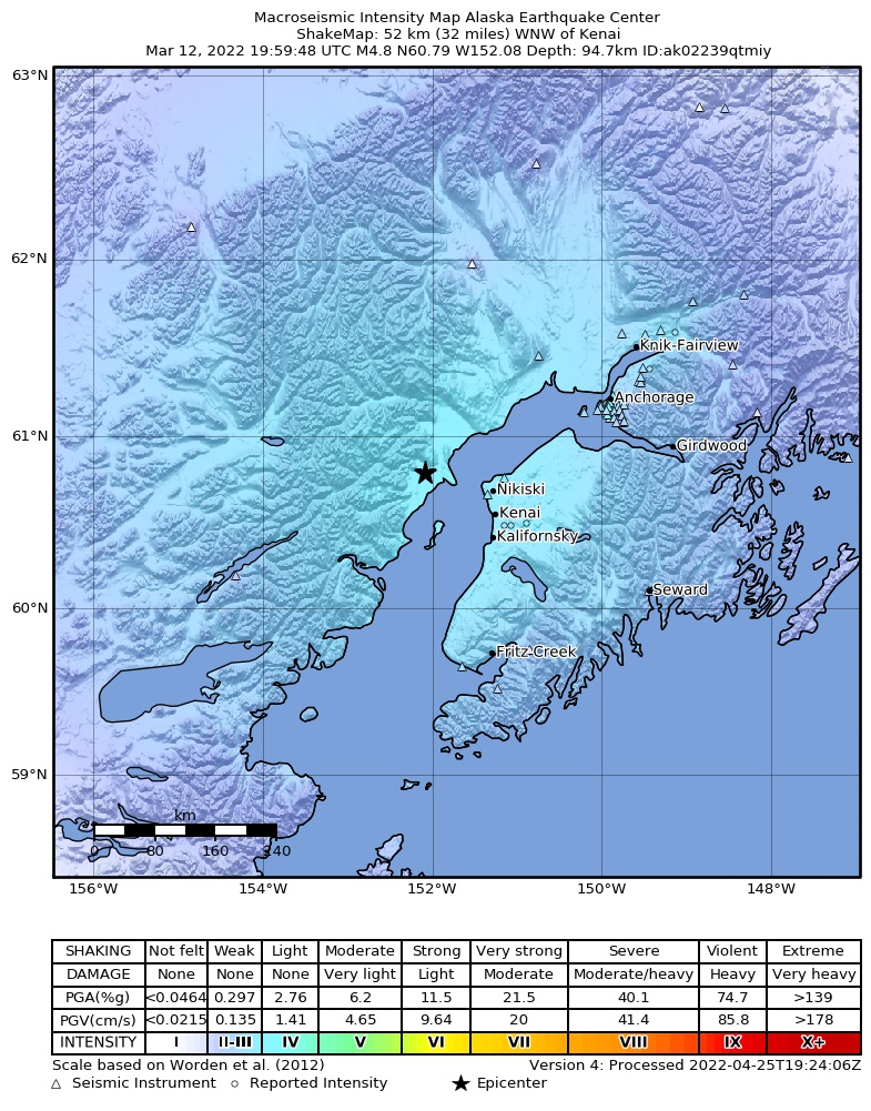 USGS ShakeMap intensity contours for the M4.8 earthquake near 44 km WNW of Nikiski, Alaska
