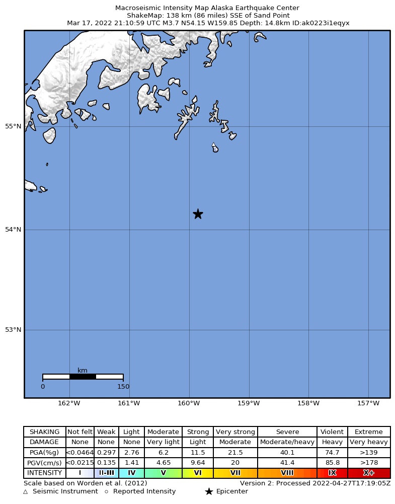 USGS ShakeMap intensity contours for the M4.1 earthquake near 141 km SSE of Sand Point, Alaska