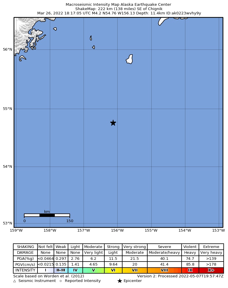 USGS ShakeMap intensity contours for the M4.2 earthquake near 223 km SE of Chignik, Alaska