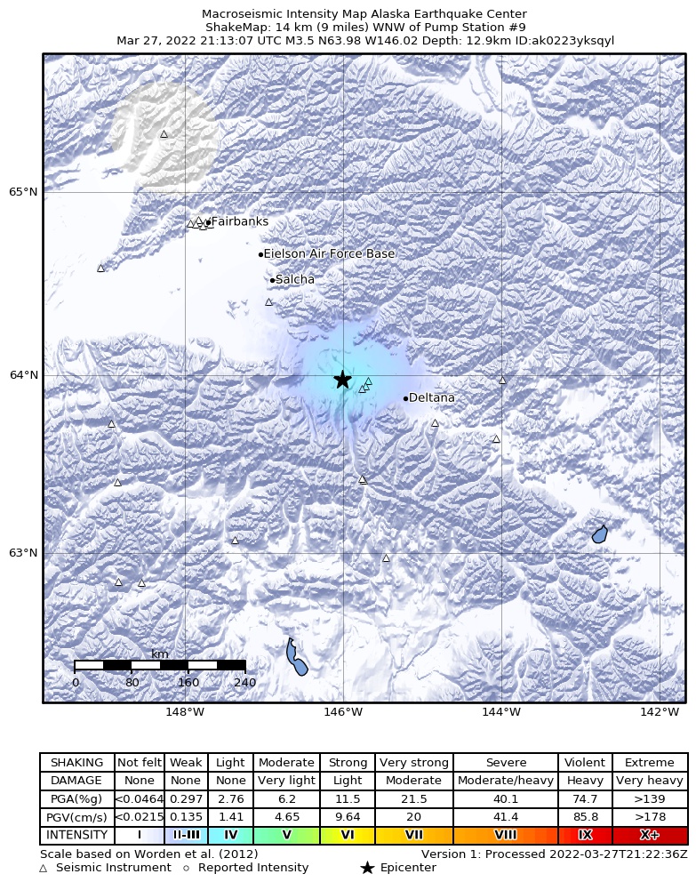 USGS ShakeMap intensity contours for the M3.4 earthquake near 13 km SW of Fort Greely, Alaska