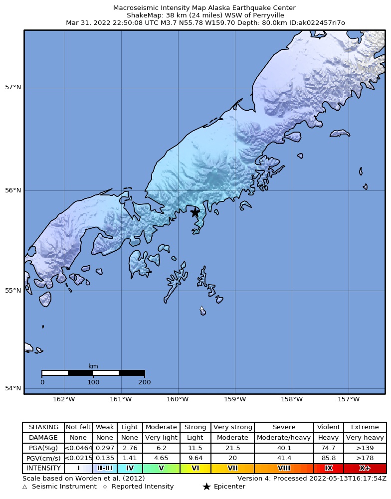 USGS ShakeMap intensity contours for the M3.7 earthquake near 18 km SW of Ivanof Bay, Alaska