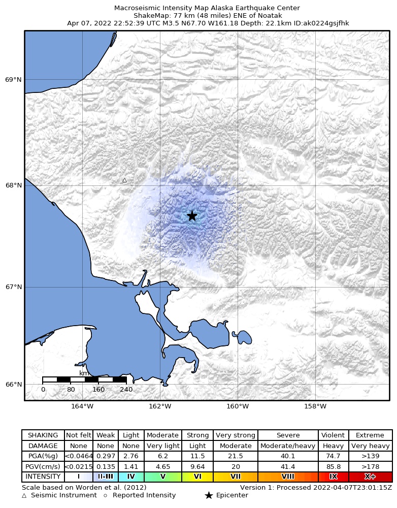 USGS ShakeMap intensity contours for the M3.4 earthquake near 75 km NNW of Kiana, Alaska
