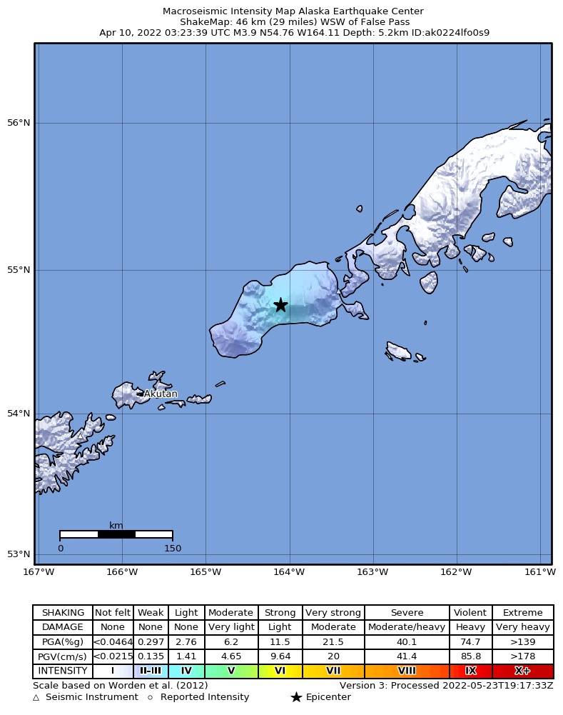 USGS ShakeMap: estimated shaking intensity around the epicenter