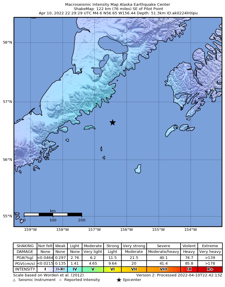 USGS ShakeMap intensity contours for the M4.6 earthquake near 112 km SSE of Ugashik, Alaska
