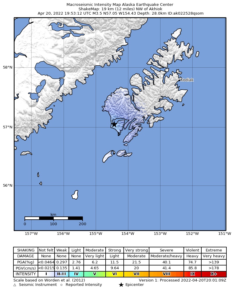 USGS ShakeMap intensity contours for the M3.9 earthquake near 18 km NW of Akhiok, Alaska