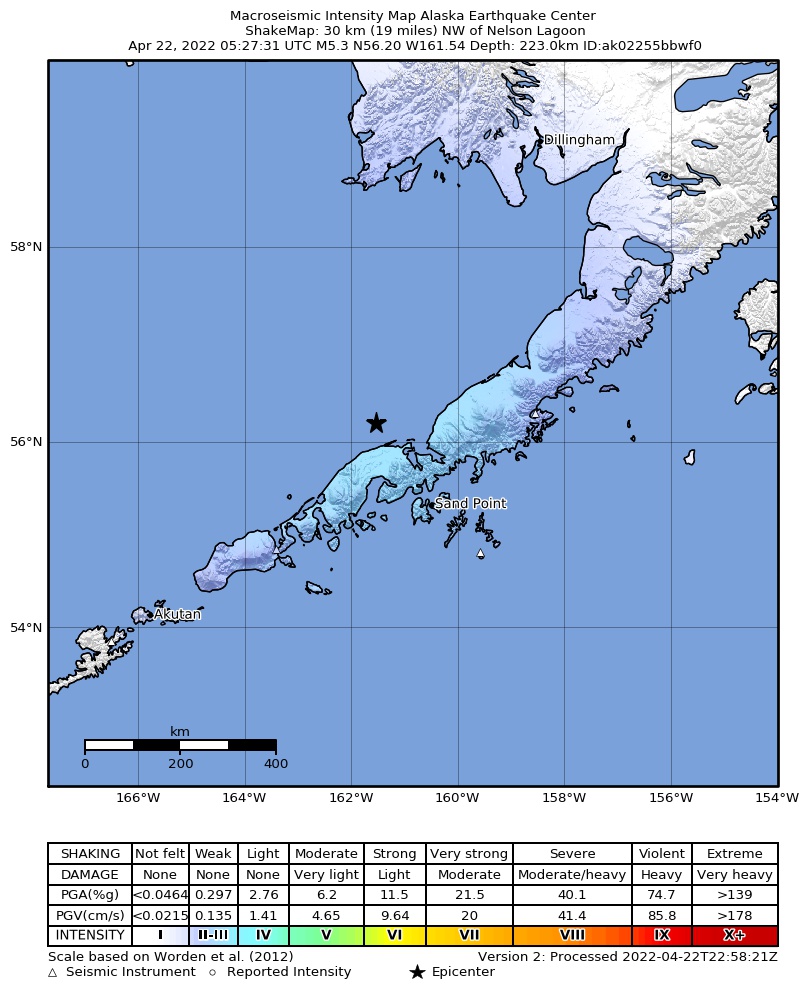 USGS ShakeMap intensity contours for the M5.2 earthquake near 37 km NW of Nelson Lagoon, Alaska