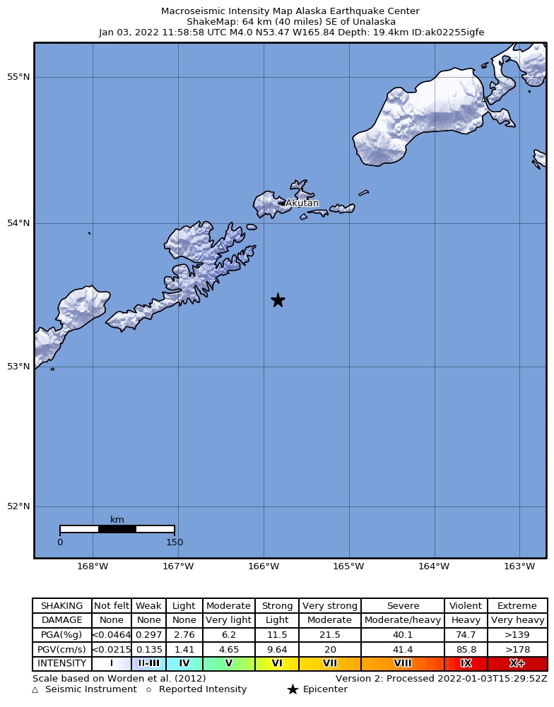 USGS ShakeMap: estimated shaking intensity around the epicenter