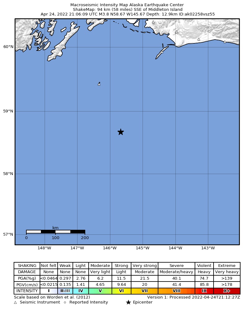 USGS ShakeMap intensity contours for the M4.1 earthquake near 200 km SE of Chenega, Alaska