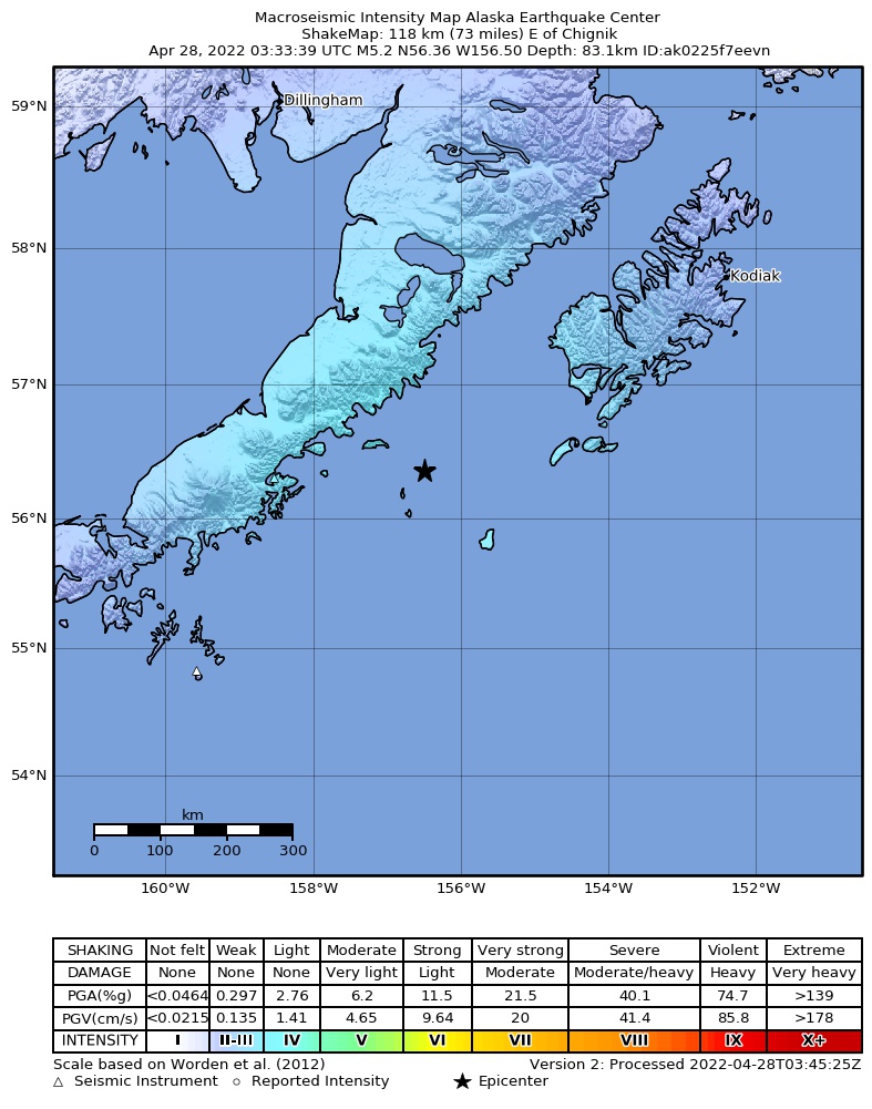 USGS ShakeMap intensity contours for the M5.4 earthquake near 119 km E of Chignik, Alaska