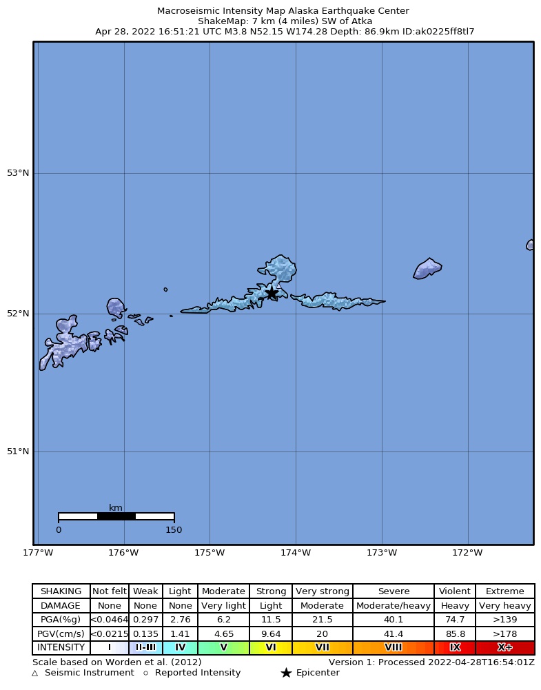 USGS ShakeMap intensity contours for the M3.7 earthquake near 23 km NNW of Atka, Alaska