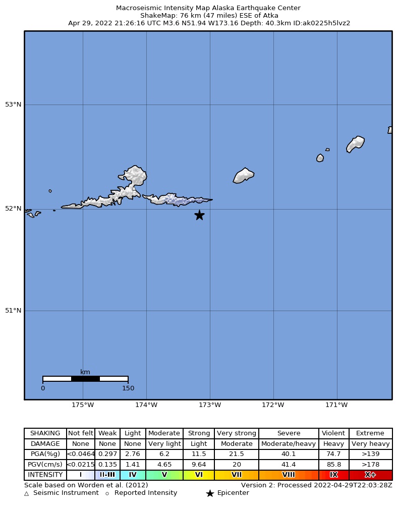 USGS ShakeMap intensity contours for the M3.6 earthquake near 60 km ESE of Atka, Alaska