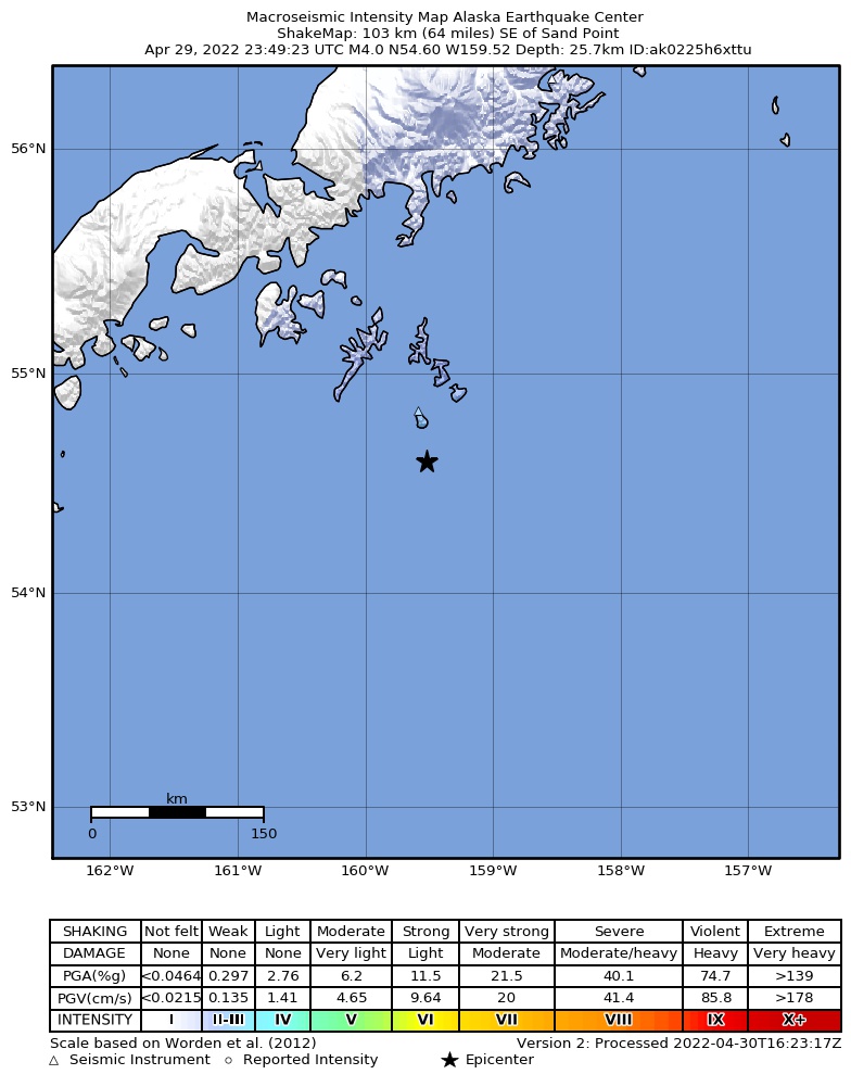 USGS ShakeMap intensity contours for the M4.1 earthquake near 84 km SE of Sand Point, Alaska