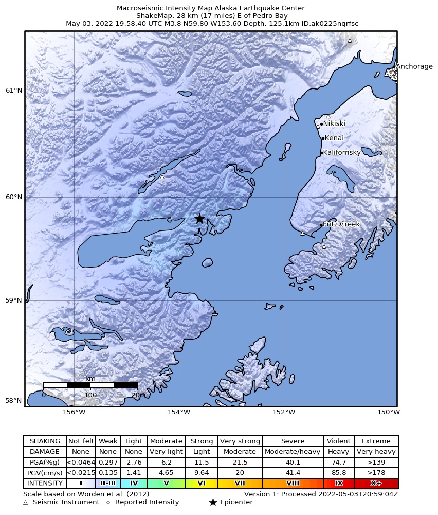 USGS ShakeMap intensity contours for the M3.3 earthquake near 28 km E of Pedro Bay, Alaska
