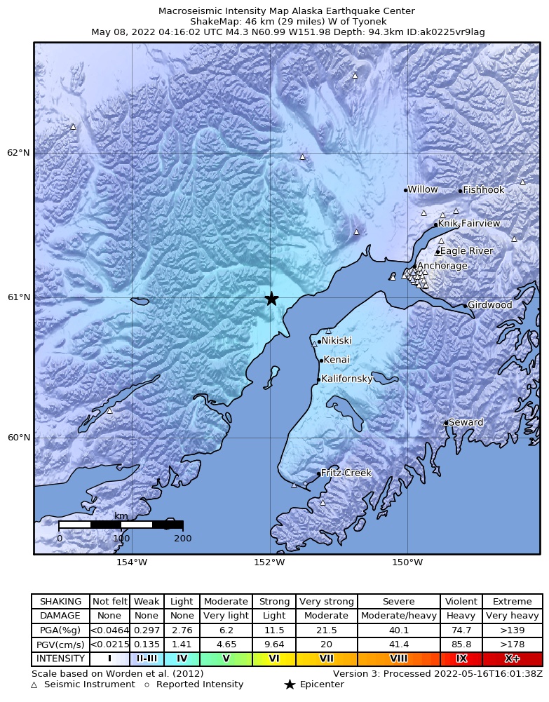 USGS ShakeMap: estimated shaking intensity around the epicenter