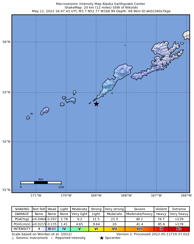 USGS ShakeMap intensity contours for the M3.6 earthquake near 28 km W of Nikolski, Alaska