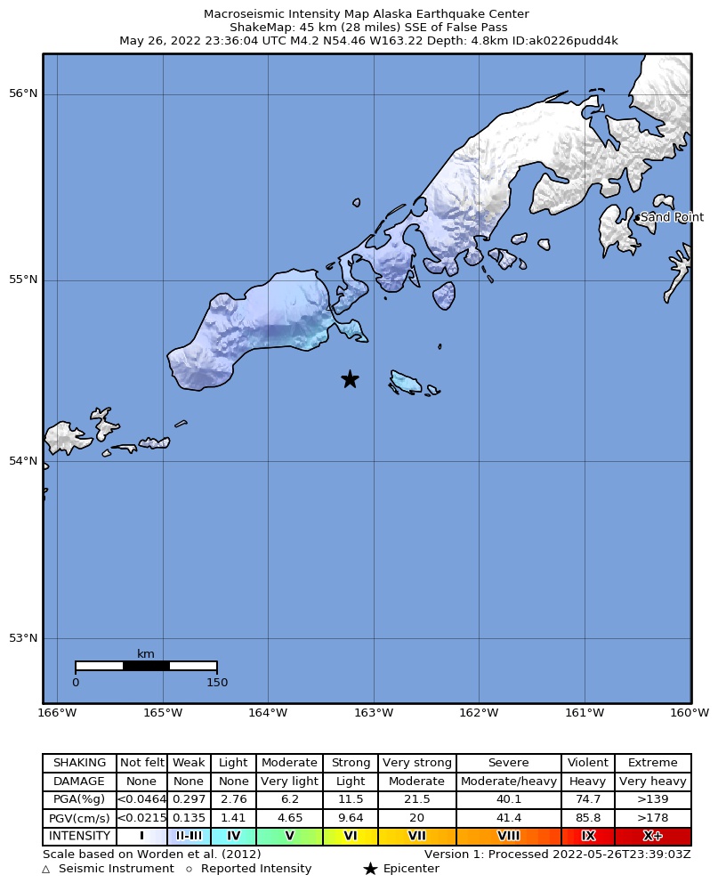 USGS ShakeMap intensity contours for the M4.2 earthquake near 40 km SSE of False Pass, Alaska