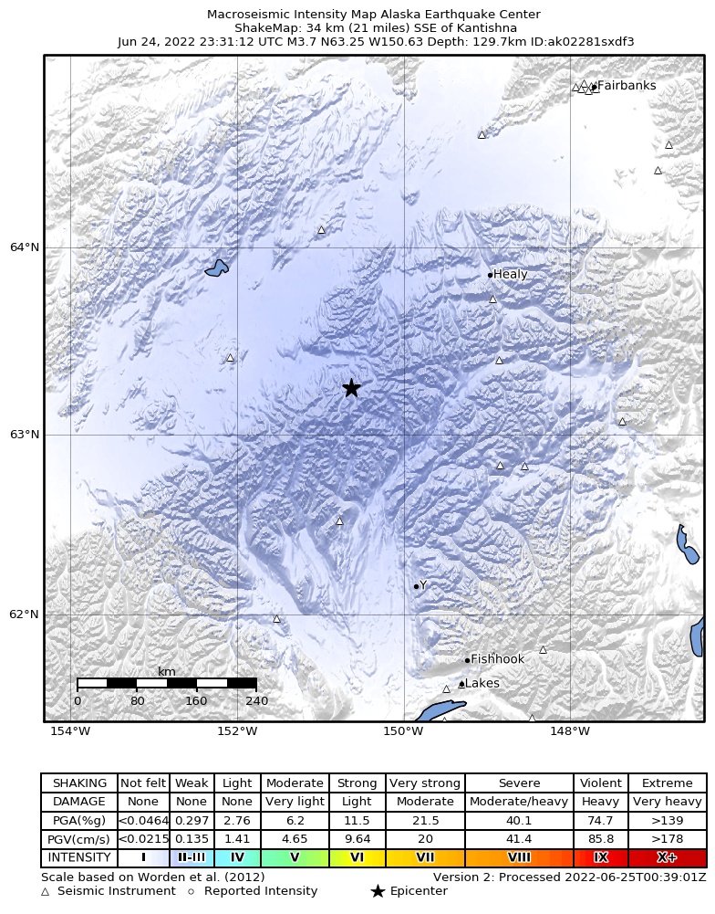USGS ShakeMap intensity contours for the M3.7 earthquake near 64 km ESE of Denali National Park, Alaska