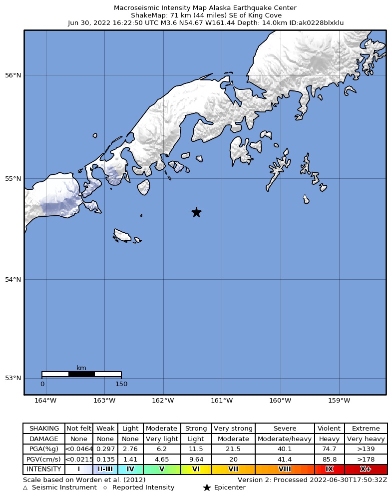 USGS ShakeMap: estimated shaking intensity around the epicenter