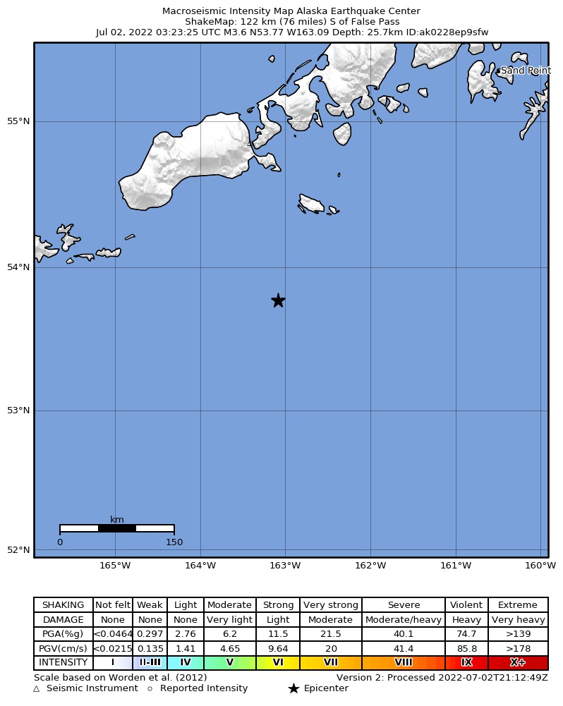 USGS ShakeMap: estimated shaking intensity around the epicenter