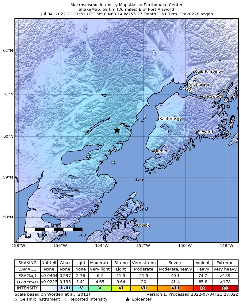 USGS ShakeMap intensity contours for the M4.4 earthquake near 55 km E of Port Alsworth, Alaska