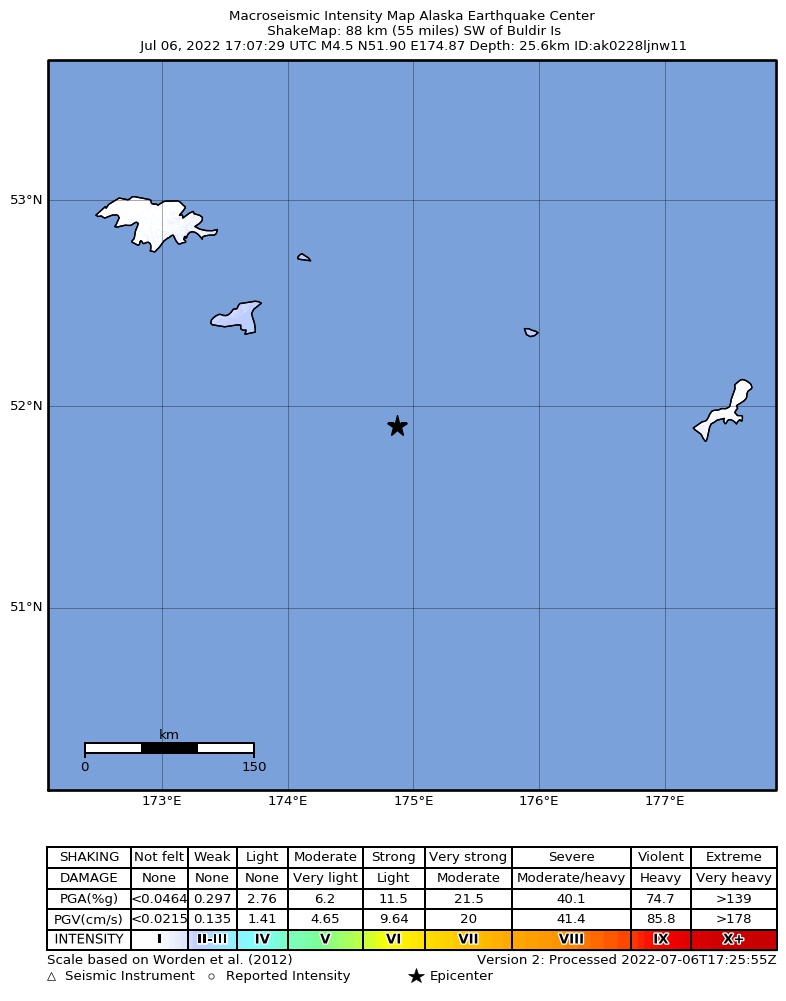 USGS ShakeMap intensity contours for the M4.8 earthquake near 149 km SE of Attu Station, Alaska