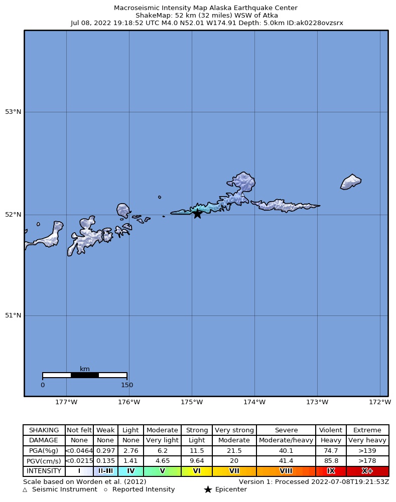USGS ShakeMap: estimated shaking intensity around the epicenter