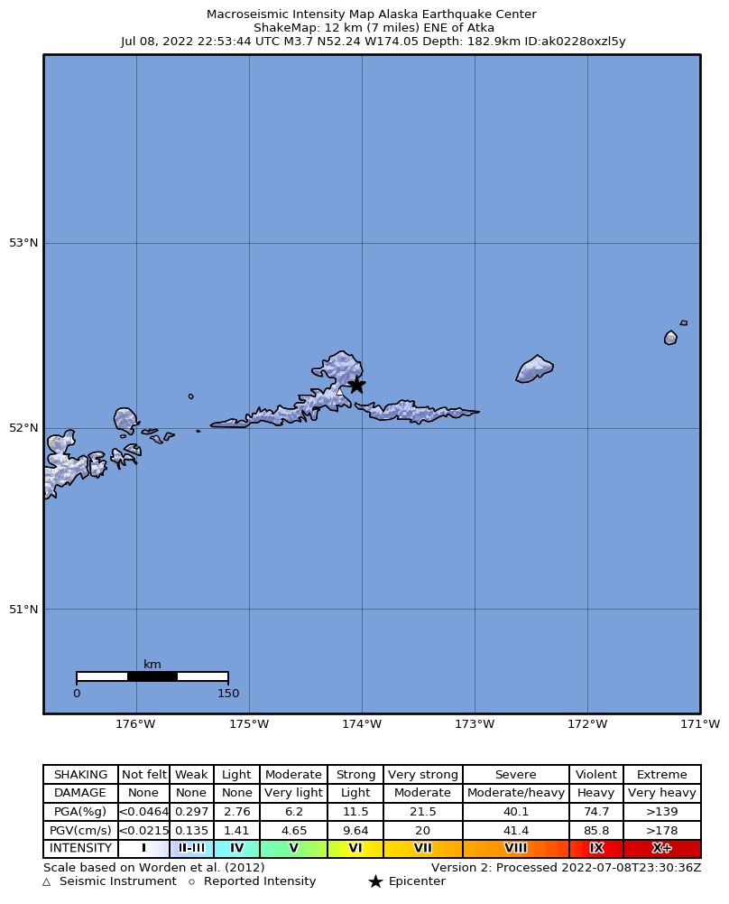 USGS ShakeMap intensity contours for the M4.1 earthquake near 32 km N of Atka, Alaska