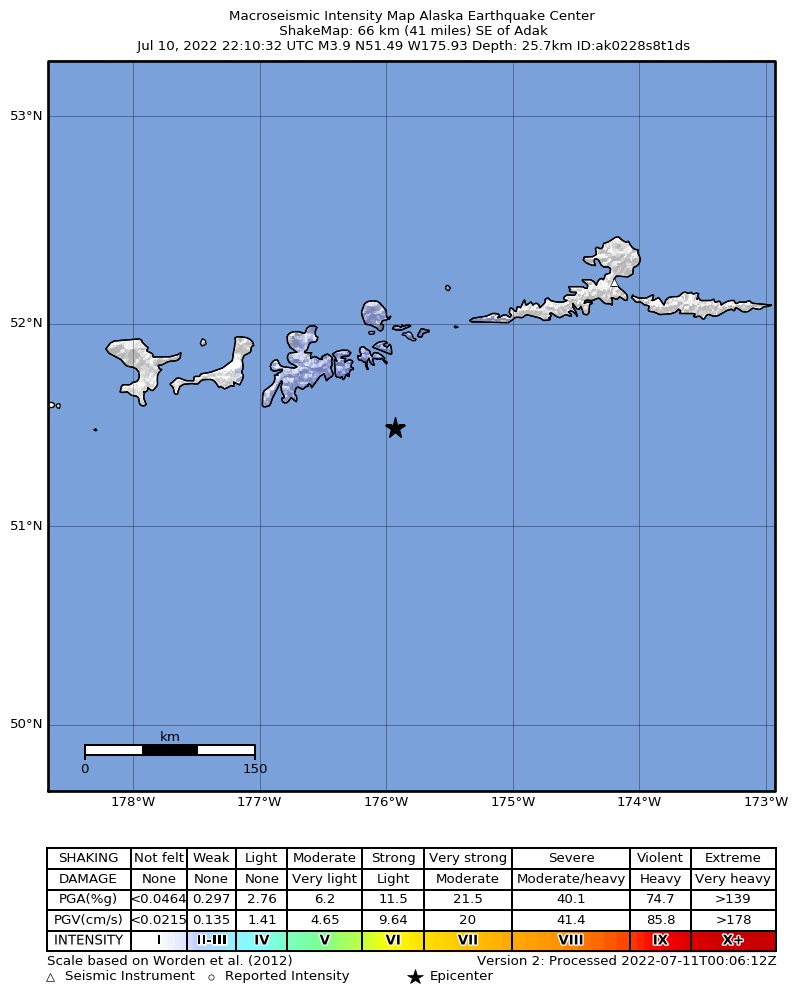 USGS ShakeMap intensity contours for the M4.0 earthquake near Andreanof Islands, Aleutian Islands, Alaska