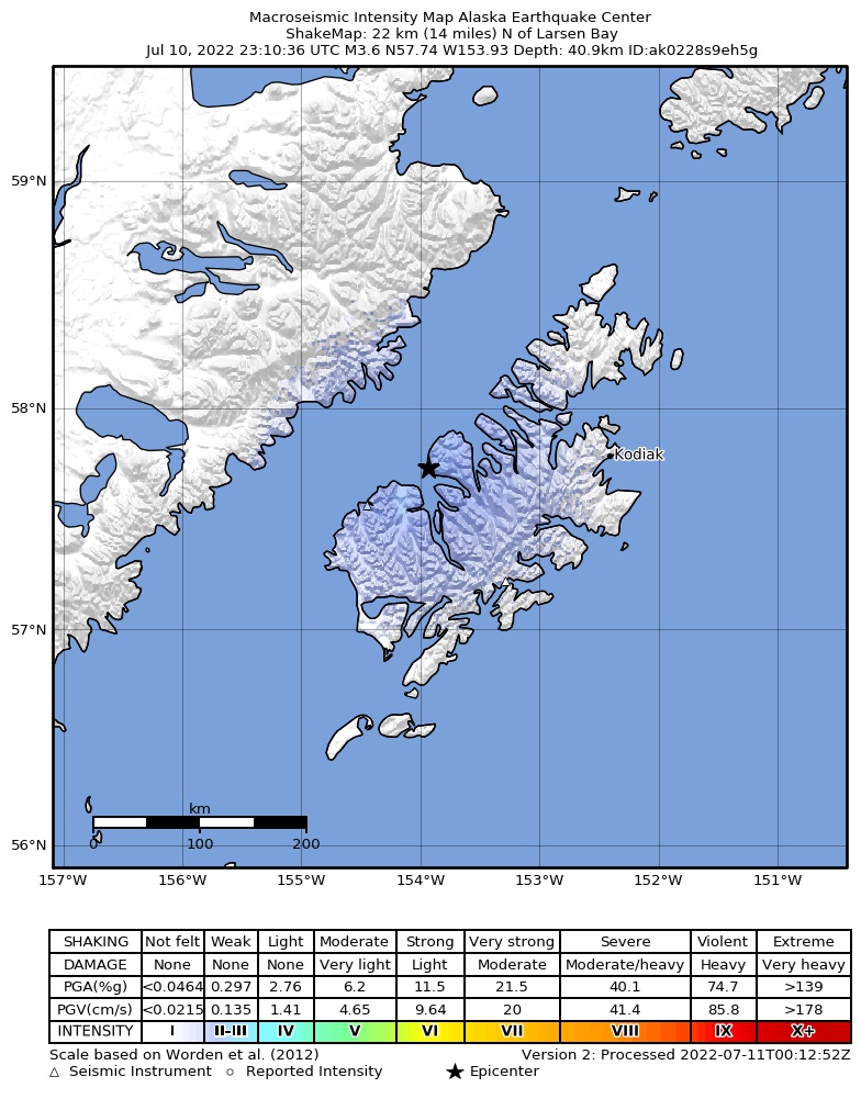 USGS ShakeMap intensity contours for the M4.0 earthquake near 22 km NNE of Larsen Bay, Alaska