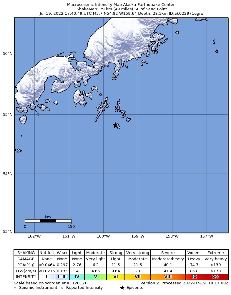 USGS ShakeMap intensity contours for the M3.9 earthquake near 83 km SE of Sand Point, Alaska
