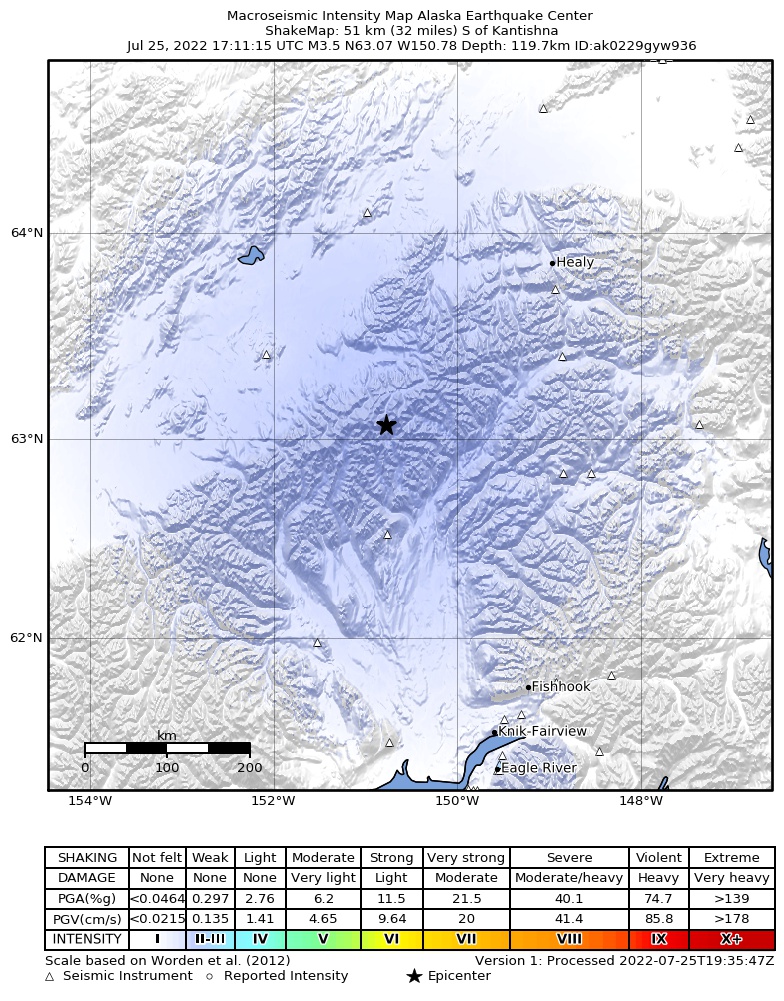 USGS ShakeMap intensity contours for the M4.3 earthquake near Central Alaska