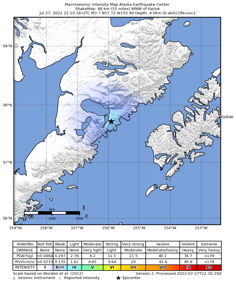 USGS ShakeMap intensity contours for the M3.8 earthquake near 87 km W of Karluk, Alaska